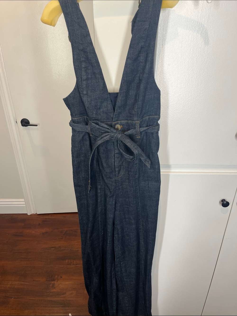 Anthropologie Dark Blue Denim Tie-Waist Jumpsuit